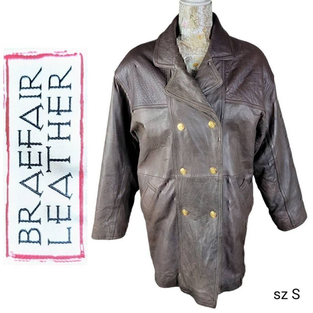 Braefair Vintage 80s Brown Leather Crested Gold Button Double Breasted Coat
